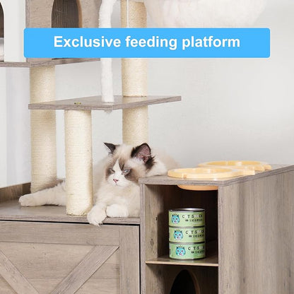 Hey-brother Cat Tree with Litter Box Enclosure, Modern Cat Tower for Indoor Cats with Large Platform, Condo Food Station and 2 Hammocks, All-in-one Cat Furniture, Wood Rustic Gray MPJ115SG