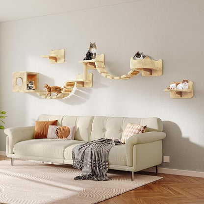 9-in-1 Cat Wall Shelves, Wall Mounted Cats Furniture Set with Plush Fabric, Cat Climbing Wall Systems, Cats Shelf Furniture with Condos, House, Steps, Bridge Ladder, Scratching Post, Beige