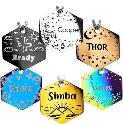 Personalized Dog Tag with 5 Lines of Custom Deep Engraved Durable Stainless Steel Pet ID Name Tag Designer Regular Size Hexagon