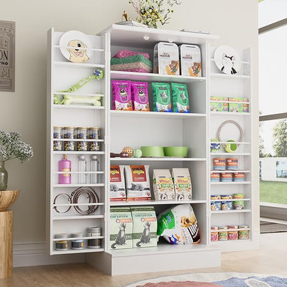 47" Dog Food Storage Cabinet with Doors and Adjustable Shelves, Freestanding Pet Storage Container Organizer for Living Room and Dinning Room, White