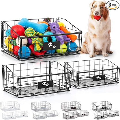 Mimorou 3 Pack Metal Dog Toy Baskets Multi-sized Foldable Dog Toy Bins Box Storage Container Organizer for Living Room Area Decorative Pet Accessories Coat Clothing Storage Holder Baskets(Black)