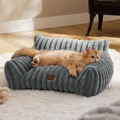 Bedsure ComfyFleece Cat Couch for Pets - Fluffy Cat Sofa with Premium Soft Corduroy Fleece, Fuzzy Pet Couch Bed with Removable Washable Cover, Supportive Pet Chair for Indoor Cats, 24inch, Warm Grey