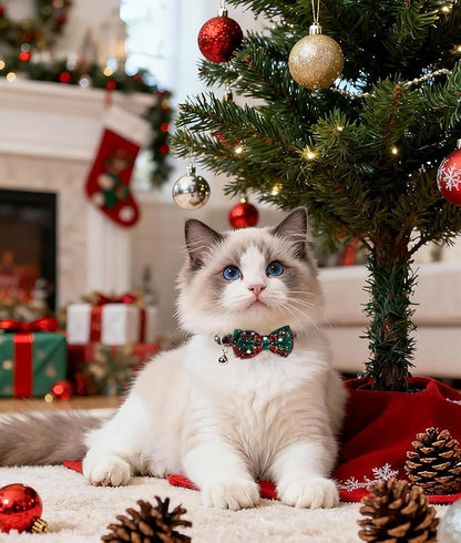 Joytale Upgraded Christmas Cat Collar with Bells, Breakaway Cat Collars with Bow Tie, 1 Pack Girl Boy Safety Plaid Kitten Collars, Christmas Green