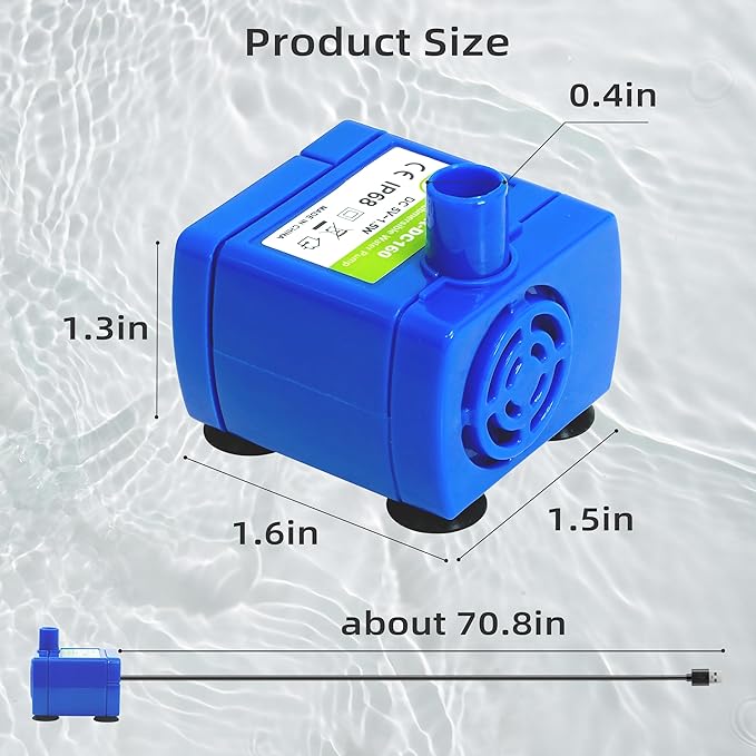 IP68 DR-DC160 Submersible Water Pump Cat Water Fountain Pump for Tritone Ceramic Stainless Steel Round Flower Cap Cat Fountains Automatic Pet Water Dispenser Replacement Pump (with LED&Adapter&Brush)