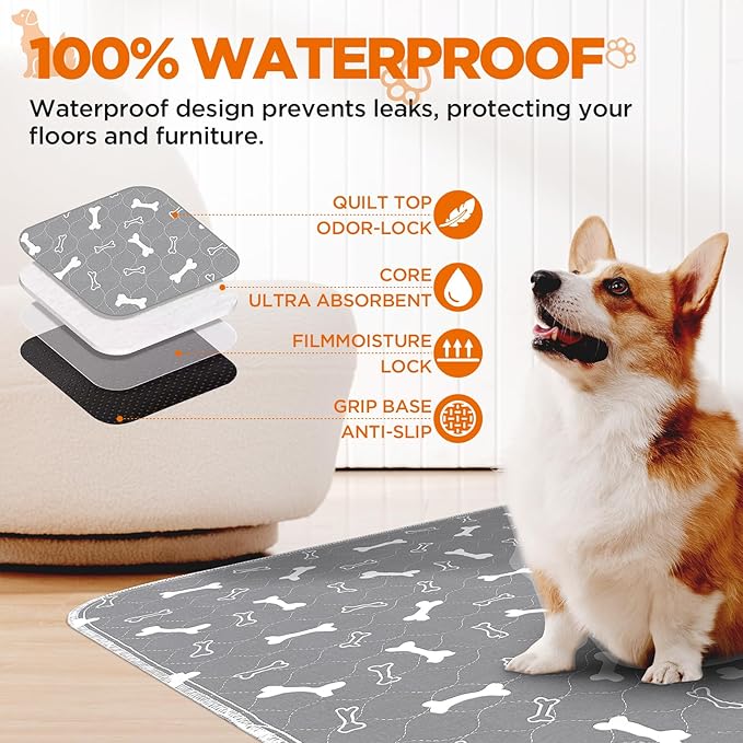 Washable Pee Pads for Dogs, 2 Pack Large Reusable Puppy Pads, Non-Slip Waterproof Dog Mats for Floors, Fast-Absorbent Whelping Pad, Playpen Mat for Crate or Indoor Use (36"x48", Gray)