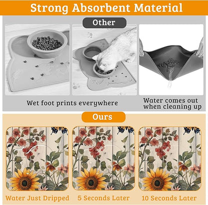 Pet Feeding Mat,Vintage Flower Absorbent Dog Cat Food Mat Rustic Wooden Dog Mat with Rubber Backing,Non-Slip Water Bowl Placemat,Pet Supplies 16" x 24"