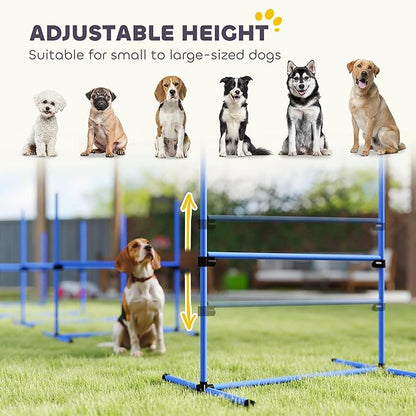 PawHut 4 Piece Dog Agility Training Equipment for Dog Agility Course with Adjustable Height Jump Bars, Included Carry Bag, & Displacing Top Bar, Blue