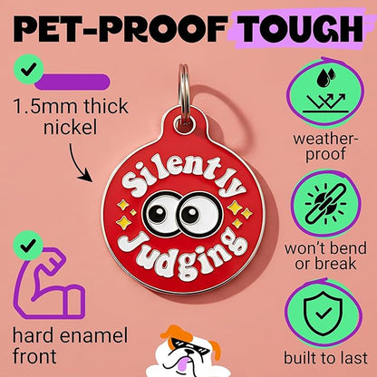 Bad Tags Personalized Dog and Cat ID Tags in 25+ Designs and 2 Sizes - 5 Lines of Custom Engraved Text - Funny Cute Personalized Pet Tags (Silently Judging - Red, Small (1 inch))