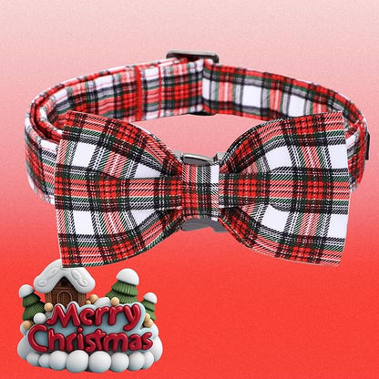 Christmas Dog Collar, Red Plaid Cotton Collars with Bow Adjustable Pet Collar Premium Metal Buckle, Christmas Puppy Necklace for Medium Girl and Boy Dogs