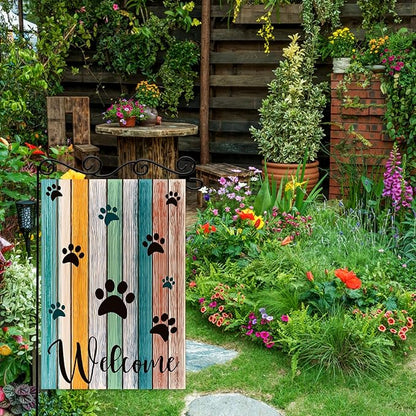 Welcome Paw Garden Flag,Welcome Spring Summer Garden Flag Colorful Footprint Summer Flag,Cat Dog Paws on Colorful Wooden Plank Yard Flag. 12x18 Double Sided