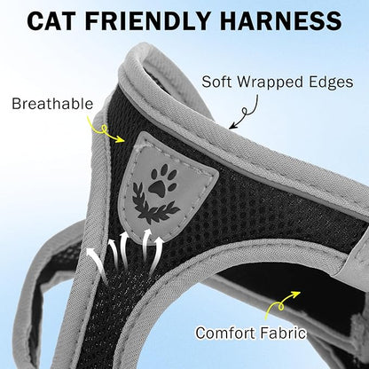 SCENEREAL Cat Harness and Leash Set Escape Proof, Adjustable Soft Air Mesh Kitten Harnesses for Girls Boys Small Medium Big Cats, Reflective Light Travel Pet Walking Vest for Puppy Rabbit, Black XL
