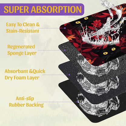 Black Cat Forest Pet Feeding Mat, Fast-Dry Absorbent Dog and Cat Bowl Mat, Waterproof Non-Slip Base for Messy Eaters, Indoor Pet Accessories – 12x20 Inch