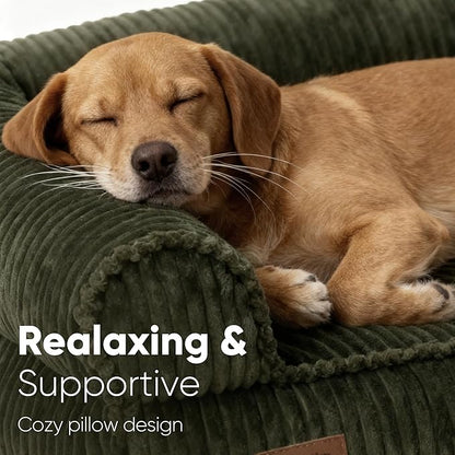 FUKUMARU Cute Dog Bed, Waterproof Corduroy Dogs Couch, 36in Orthopedic Pet Sofa for Medium to Large Dogs Dog, Warm Cotton Pet Bed with Washable Cover, Green