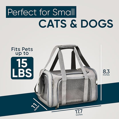 Pet Travel Carrier Bag – Airline Approved Soft-Sided Dog & Cat Carrier, Foldable, Breathable Mesh, Washable Pad – Fits Pets up to 15 lbs – The Pup Quartet (Grey)