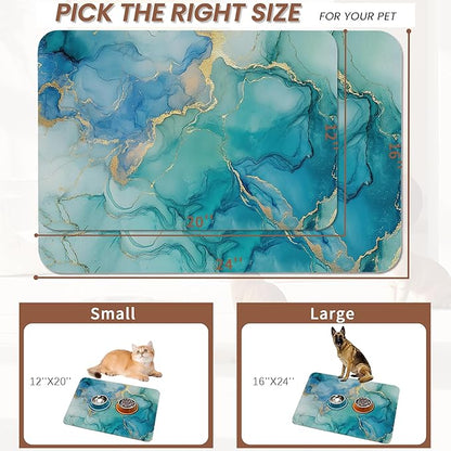 Marble Dog Cat Food Mat,Blue Teal Turquoise Gold Absorbent Pet Feeding Mat with Rubber Backing,Non-Slip Water Bowl Placemat,Indoor Pet Accessories Supplies 12"x20"