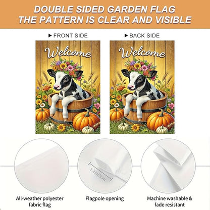 Fall Garden Flag Welcome Calf Animal Garden Flag Farm 12x18 Inch Double Sided Outdoor Decoration for Fall Season Yard Porch Lawn Display Cute Flower Cow Banner Autumn Harvest