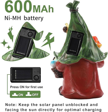Gnome Solar Garden Statue with 3 LED Lights, Mushroom-Picking Gnome Statue Outdoor Decor for Patio, Yard, Balcony, Lawn Ornament, Unique Gift for Mom, Grandma Christmas, Valentines Day Decorations