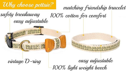 Pettsie Breakaway Cat Collar with Bow Tie and Matching Bracelet–Adjustable Cotton Kitten Collar with Safety Buckle for Cats and Small Pets–Cute Cat Gift for Owners and Cat Lovers, 8-11 Inches, Black