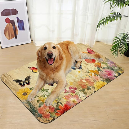 Vintage Butterfly Floral Pet Food Mat for Cats and Dogs–Christmas Stocking Absorbent Quick Dry Feeding Placemat, Non Slip Rubber Base, Waterproof Bowl Mat for Indoor Use, Pet Supplies 16"x24"