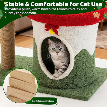 COSIEST 30in Christmas Cat Tree for Kittens, Kitty Condo with Top Perch, Small Cat Tree House with Sisal Scratching Posts, Cat Safe Christmas Tree Tower for Indoor Cats, Activity Center, Red & Green