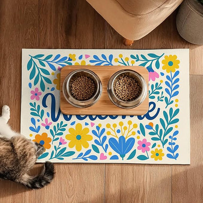 Daisy Flower Pet Food Mat 20" x 12" Welcome Sign Pet Feeding Mat Non Slip Mats for Dog Food and Water Bowls Easy Clean Fast Dry Placemat for Cat Food Mats for Indoor Trendy Pet Accessories