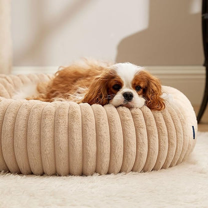 Bedsure ComfyFleece™ Donut Medium Dog Bed - Washable Faux Fur with Corduroy Fleece & Anti Slip Bottom, Round Pet Bed with Removable Cover, Sandy Beige, 30x30x8 inches