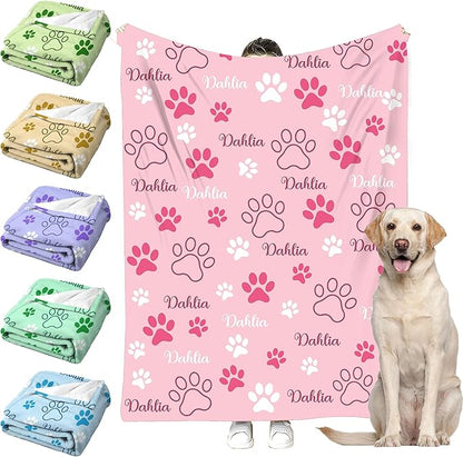 Personalized Paw Print Dog Blanket with Pet Name Face-Custom Puppy Blankets with Picture for Dogs-Customized Dog Memorial Throw Fleece Blanket-Loss of Pets Supplies Sympathy Gift for Bed Sofa Travel