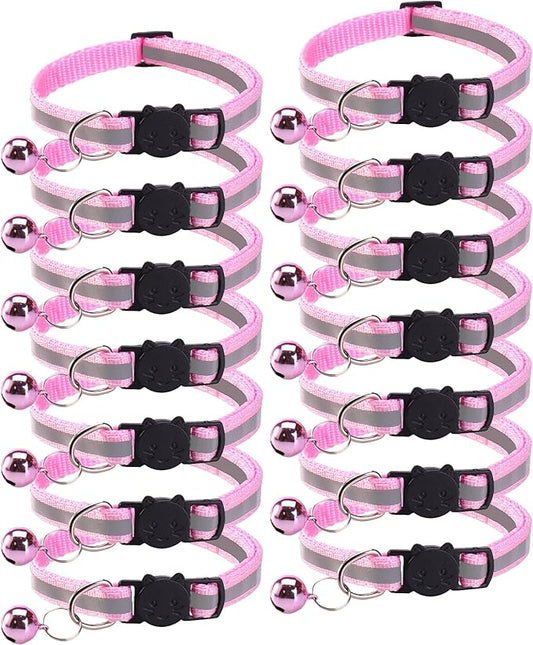 14 Pack Breakaway Cat Collar with Bell, Reflective Kitten Collar for Girl Boy Cats, Safety Buckle Adjustable 7.5-12.5 Inch, 0.4 Inch Width Lightweight, Pet Gifts (Pink)