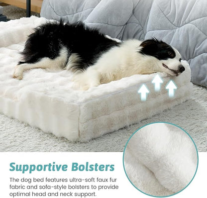 Self Warming Dog Bed for Large Size Dog, Faux Fur Orthopedic Puppy Sofa with Washable Removable Cover, Bolster Orthopedic Egg Crate Foam Bed for Pet Up to 100 lbs, XL 44x32x7 inch, Beige