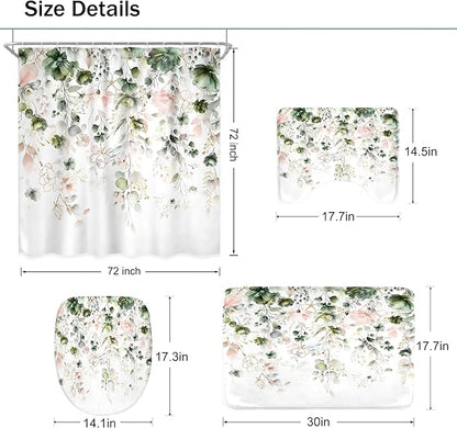 4 PCS Green Pink Floral Flower Shower Curtain Set 72Wx72H Inch Watercolor Pastel Plant Complete Bathroom Set Non-Slip Bath Rug Toilet Lid Cover and U Shape Mat Accessories 12 Hook Bathoom Decor