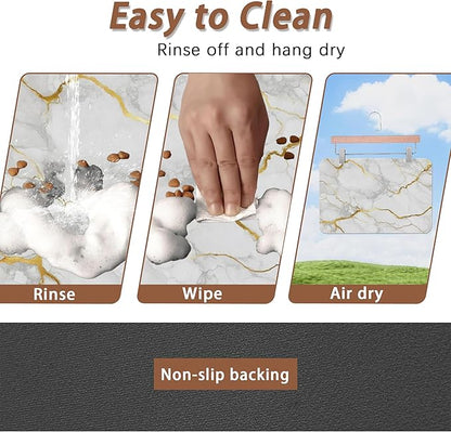Marble Dog Food Mat for Floors,White Gold Marble Absorbent Quick-Dry Pet Feeding Mat,Cat Dog Bowl Mats for Food and Water,Non-Slip Pet Accessories Supplies 12"x20"