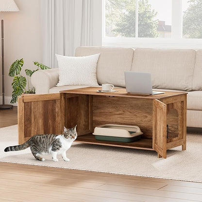 Homhedy 39.4" L Cat Litter Box Enclosure, Pet House with Barn Door,Wooden Cat Washroom Furniture,Fit Most of Litter Box, Rustic Walnut