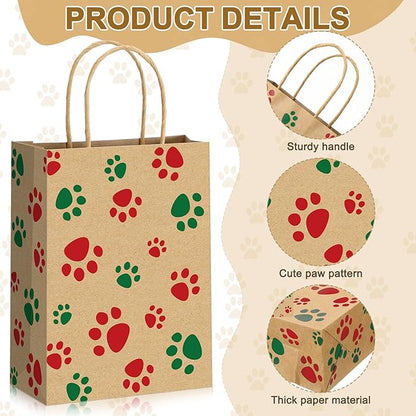 Blulu 20 Pcs Puppy Dog Paw Gift Bags with Paper Twist Handles, Dog Gift Paper Paw Treat Goodie Bags for PET Treat Party Favor, 6.3 x 3.1 x 8.6 Inch (Kraft Backing, Red Green Paws)