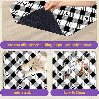 Cat Checked Plaid Dog Cat Food Mat, Absorbent Feeding Mat with Fast-Dry Surface, Rubber Backing for Messy Drinkers – 12x20 Inch
