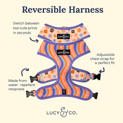 Lucy & Co. Purple with Coral Floral Wave, Cute Reversible Dog Harness Walking Halter - Best Designer Pet Harnesses for XS - XL Dogs - Padded Adjustable Vest for Easy Walking (X-Small)