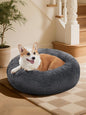 OhGeni 31 inches Calming Donut Orthopedic Dog & Cat Bed for Medium Pets, Warming Comfort Fluffy Long Pile Fur, Durable Waterproof Machine Washable Removable Cover, Cute Round Bed for Puppy, Dark Gray