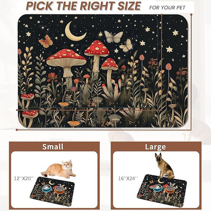 Red Mushrooms Pet Feeding Mat,Wildflower Plant Butterfly Absorbent Quick-Dry Cat Dog Food and Water Bowl Mats,Non-Slip Rubber Backing Mat,Cat Dog Accessories Supplies 16"x24"