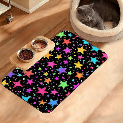 Neon Stars Dog Food Mat,Bright Colorful Absorbent Pet Feeding Mat for Food and Water Bowl,Quick Dry Dog Placemat Non Slip Rubber Backing Waterproof Pet Supplies 12" x 20"