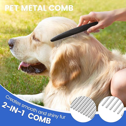 Double-Sided Pet Grooming Rake - 4-in-1 Professional Pet Grooming Kit, Deshedding Dematting Tool for Dogs, Cats, Extra-Wide Grooming Brush & Deshedder Comb for Long and Short Haired Pets(4PCS Black)