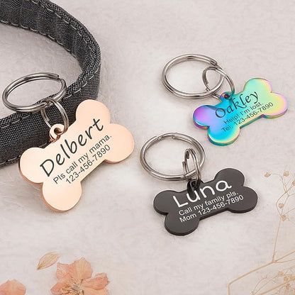 Anavia Personalized Pet ID Tags, Stainless Steel Glossy Laser Engraved Dog Cat Collar Name Tags, Multiple Colors Shapes Sizes (Bone, Small)