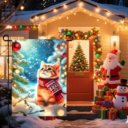 Christmas Garden Flag Winter Flag Cute Kitten Scarf Snow Scene Outdoor Yard Decor 12x18 Inch Double Sided Banner For Front Yard Porch Lawn Patio Seasonal Home Decoration Festive