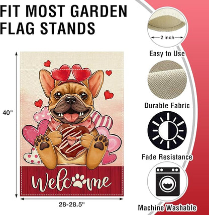 Artofy Welcome Valentines Day French Bulldog Dog Large Decorative House Flag, Red Pink Heart Yard Garden Outside Decor Pet Lover Gift, Anniversary Wedding Outdoor Home Decoration Double Sided 28 x 40