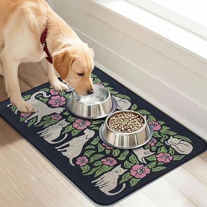 SHIYUE Dog Food Mats for Floors, Absorbent Cat Bowl for Food and Water, Non-Slip Accessories Pet Supplies(16"x24",Black Animal Flower)