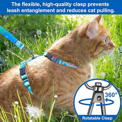 Cat Harness and Leash Set with Matching Collar – Escape Proof Harness for Cats, Adjustable & Lightweight, Tropical Hawaiian Leaf Print, Easy Wear for Outdoor Walking & Training