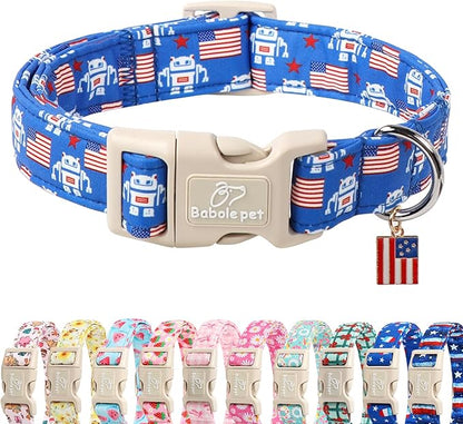 4th of July Dog Collar, Robot Star-Spangled Patriotic Dog Collars for Puppy Small Dogs, Adjustable Lightweight Quick-Release Buckle Collar for Boy&Girl Dogs XS