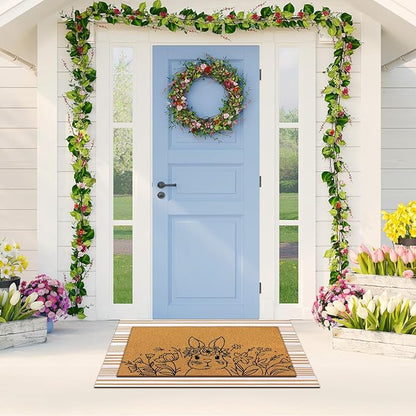 Tinideya 2 Pcs Easter Day Door Mat Welcome Outdoor Non Slip Coir Mats Flower and Bunny Floor Layering Doormats Seasonal for Front Porch Entryway Decor (Easter Bunny)