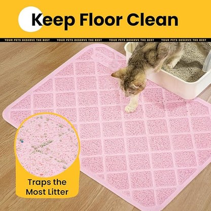 Cat Litter Mat Litter Trapping Mat, 24" x 17" Premium Durable PVC Grid Mesh with Scatter Control, Non-slip, Less Waste Cat Litter Box Mat, Pink