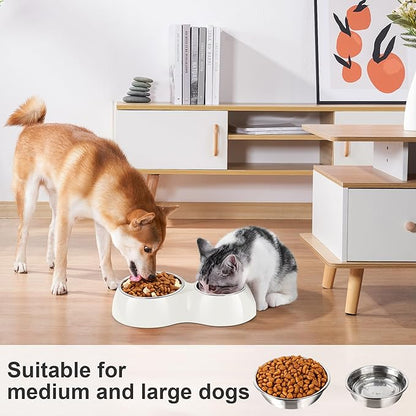 Elevated Dog Bowls Set - Non-Slip Raised Pet Feeder with Medium (10 oz) & Large (20 oz) Stainless Steel Bowls - Includes Durable Resin Stand for Corgi Puppies and Adult Cats - White
