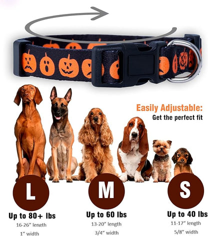 Native Pup Halloween Dog Collar- Spooky Fall Themed Horror Costume Collars- Skull, Pumpkin, Ghost, Bat, Witch, Candy Corn, Spider- Adjustable for Small, Medium, Large Breeds (Medium, Big Pumpkins)