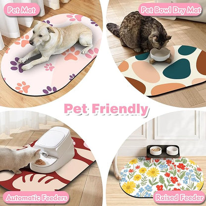 Cat Food Mat 24''x16'', Absorbent Cat Mats for Food and Water, Non-Slip Rubber Mat for Cats Bowls, Easy Store Pet Food Placemat, Mats for Under Cats Food Bowls, Fit with Kitchen, Living Room, Pink Paw